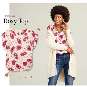 Cabi Cream with Pink Floral Boxy Top  XL Career Wear